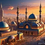 AI 이미지 생성 기술의 시장 전망 - A breathtaking, highly detailed digital painting of a futuristic Arab metropolis at sunset. Traditio...