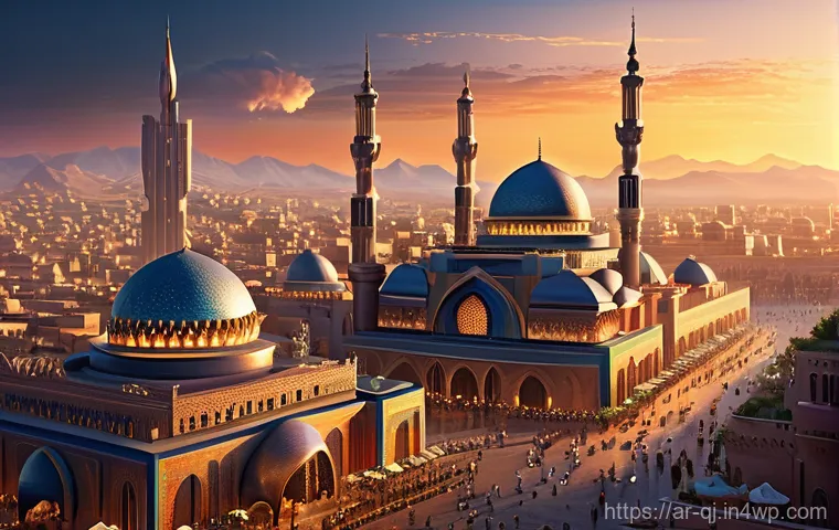 AI 이미지 생성 기술의 시장 전망 - A breathtaking, highly detailed digital painting of a futuristic Arab metropolis at sunset. Traditio...