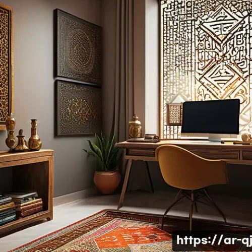 Home 30 AI 이미지 생성과 연결된 생태계 - A modern digital artist workspace in a Middle Eastern home, featuring a sleek computer screen displa...