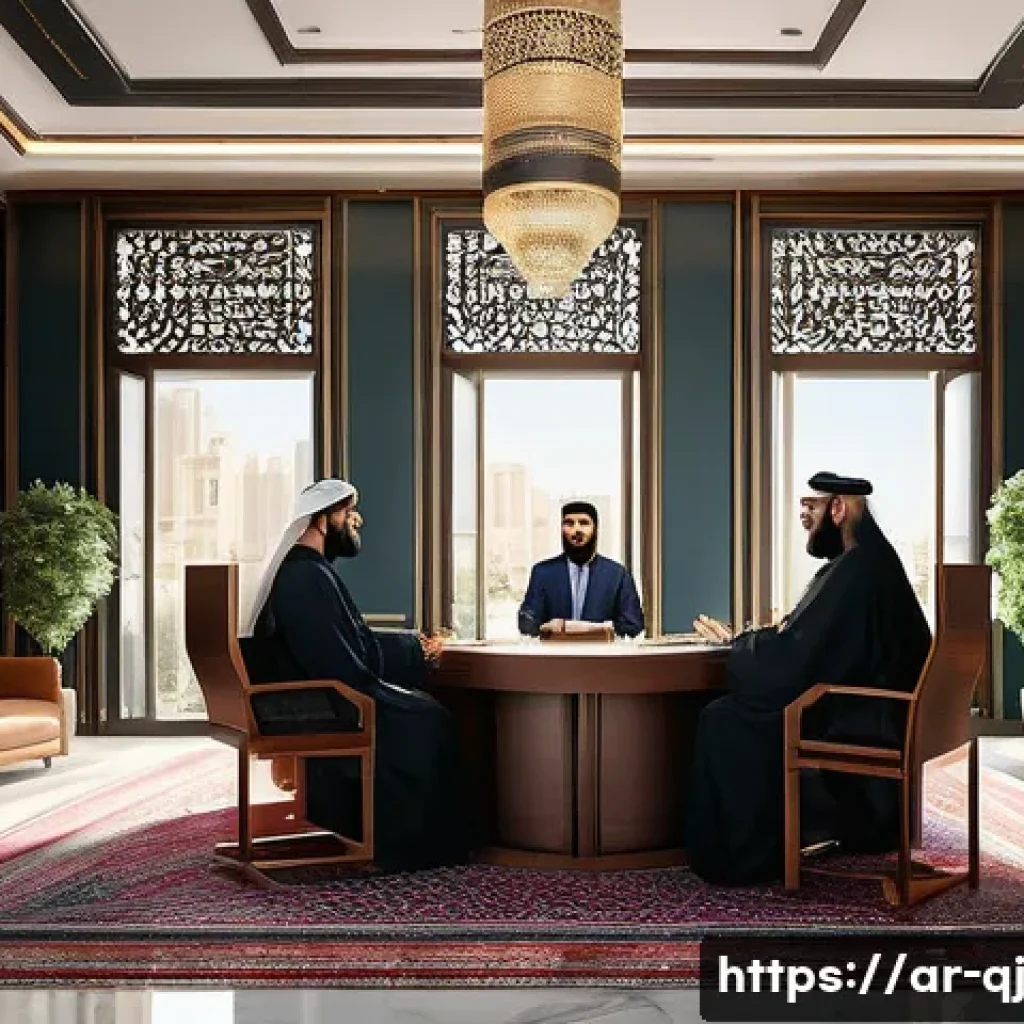 AI로 만든 이미지의 저작권 문제 - A detailed digital illustration depicting a modern legal office in an Arab country, featuring profes...