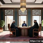 Home 17 AI로 만든 이미지의 저작권 문제 - A detailed digital illustration depicting a modern legal office in an Arab country, featuring profes...