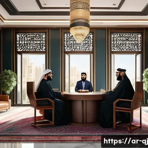 Home 29 AI로 만든 이미지의 저작권 문제 - A detailed digital illustration depicting a modern legal office in an Arab country, featuring profes...