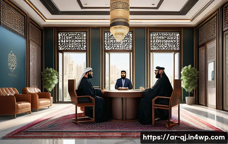 AI로 만든 이미지의 저작권 문제 - A detailed digital illustration depicting a modern legal office in an Arab country, featuring profes...