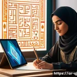 Home 16 AI 이미지 생성 기술의 성공 사례 - A modern digital artist’s workspace featuring a sleek laptop displaying AI-generated vibrant abstrac...