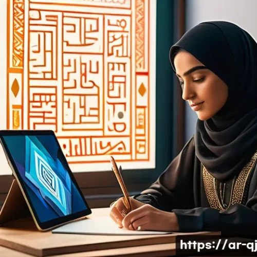Home 28 AI 이미지 생성 기술의 성공 사례 - A modern digital artist’s workspace featuring a sleek laptop displaying AI-generated vibrant abstrac...