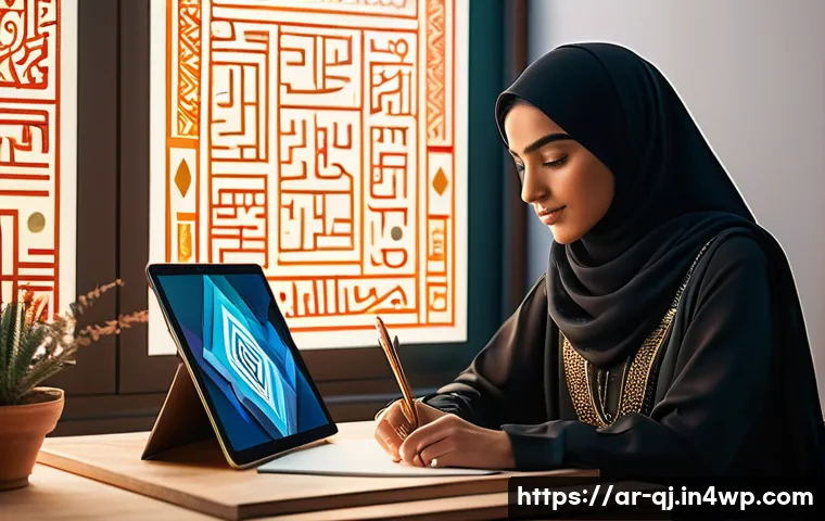 AI 이미지 생성 기술의 성공 사례 - A modern digital artist’s workspace featuring a sleek laptop displaying AI-generated vibrant abstrac...