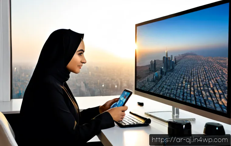 Home 17 AI 이미지 생성의 데이터 보호 방법 - Photorealistic modern home office in an Arab city, an Arab woman in modest professional attire revie...