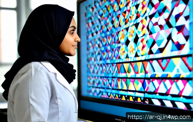 AI 이미지 생성의 과학적 접근 - Photorealistic Arab female AI researcher wearing a modest neutral hijab and lab coat, studying an im...